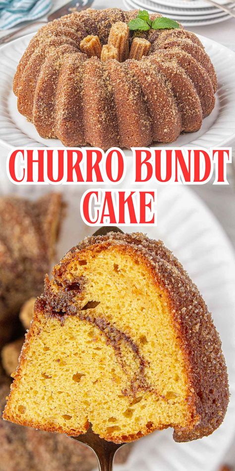 Churros Bundt Cake infused and coated with cinnamon-sugar, giving it that classic churros crunch and sweetness! Easy and delicious! Cinnamon Churro Cake, Churros Cake Recipe, Churro Bundt Cake Recipes, Churro Cake With Box Cake, Churro Inspired Desserts, Churro Bundt Cake, Churro Cake Recipe, Churros Cake, Churro Desserts