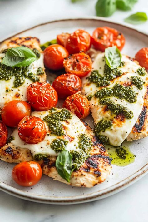 Chicken Burrata, Margarita Grilled Chicken, Chicken Margarita, Grilled Chicken Margherita, Chicken Margherita, Chicken With Italian Seasoning, Pesto Cheese, Green Pesto, Chicken With Olives