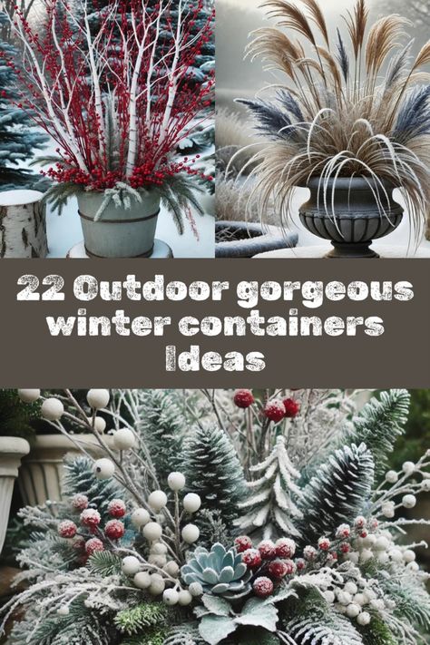 22 Outdoor Gorgeous Winter Containers Ideas to Transform Your Space Rustic Container Garden Ideas, Winter Plant Pot Ideas, Christmas Containers Outdoor, Winter Planters Outdoor Cold Weather, Holiday Outdoor Planters, Winter Interest Landscaping, Outdoor Winter Planters, Winter Deck Decorating Ideas, Winter Hanging Baskets Outdoor