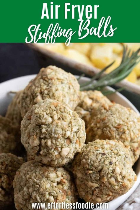 Perfect for Sunday roasts or Christmas dinner, these easy air fryer stuffing balls are made with store-bought sage and onion stuffing mix! Air Fryer Stuffing, Moist Stuffing, Onion Stuffing, Stuffing Balls Recipe, Sunday Roasts, Sage And Onion Stuffing, Sandwich Fillers, Stuffing Balls, Quick Side Dishes