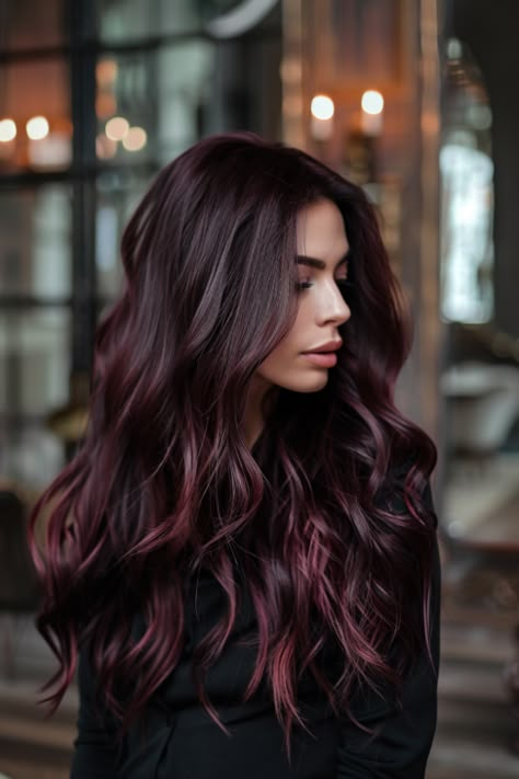 46+ Burgundy Hair Ideas That Bring Out Your Inner Fire Violet Burgundy Hair, Dark Brown Hair Violet Undertones, Black Cherry Hair Color With Highlights Burgundy Red Ombre, Brown With Burgundy Balayage, Black Fall Hair, Wine Red Highlights, Burgundy Hair Color Ideas, Maroon Hair With Blonde Highlights, Plum Balayage Hair