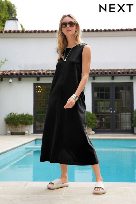 Sleeveless Cotton Jersey Midi Summer Dress Holiday Abroad, Dressed For My Day, Midi Summer Dress, Summer Black Dress, Summer Capsule Wardrobe, Summer Capsule, Black Casual Dress, Cotton Clothing, Midi Dress Summer