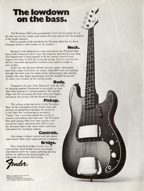 Fender Precision Bass ad. Fender P Bass, Leo Fender, Fender Precision Bass, Guitar Tech, Fender Electric Guitar, All About That Bass, Bass Players, Fender Guitar, Bass Music