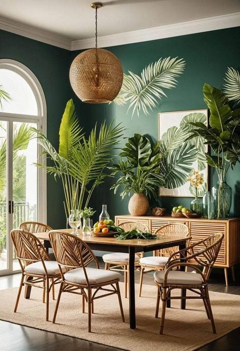 Dining Room Aesthetic Modern, Oak Decorating Ideas, Tropical Dining Room Decor, Boho Dining Room Inspiration, Boho Kitchen Table And Chairs, Tropical Home Interior Design, Florida Home Aesthetic, Dining Room Design Cozy, Hotel Rooms Aesthetic