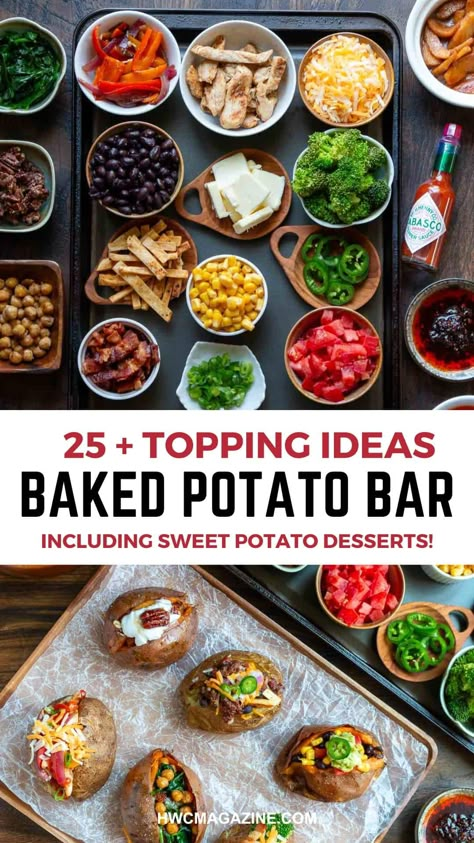 Loaded Potato Bar, Potato Bar Party, Baked Potato Bar Toppings, Potato Bar Toppings, Sweet Potato Desserts, Potato Desserts, Mashed Potato Bar, Baked Potato Toppings, Party Food Bars