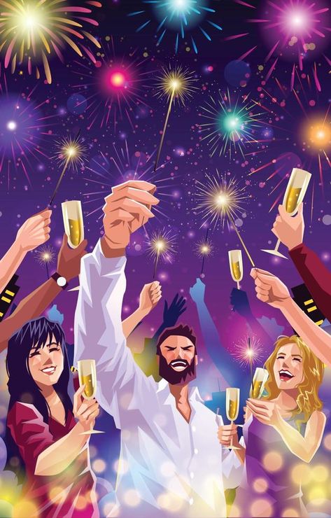 People Party Celebrating New Year Festival with Champagne and Fireworks New Year Poses, Posters Reference, Celebration Drawing, Lake Illustration, Sample Packaging, New Year's Drawings, Celebrating New Year, Celebration Art, Celebration Illustration