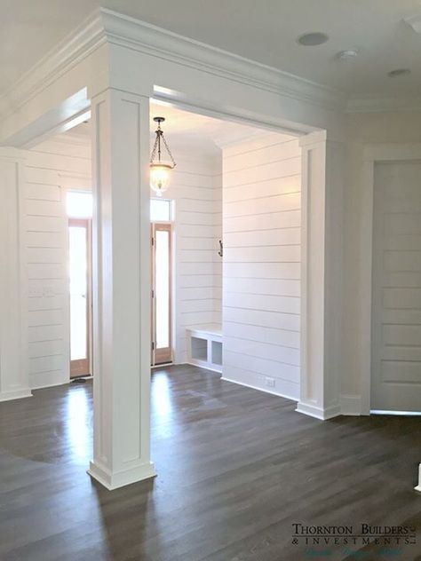 Foyer Custom Wainscoting, Modern Farmhouse Foyer, Columns Design, Farmhouse Trim, Farmhouse Foyer, Living Room Wood Floor, Interior Columns, Ship Lap, Crown Moldings