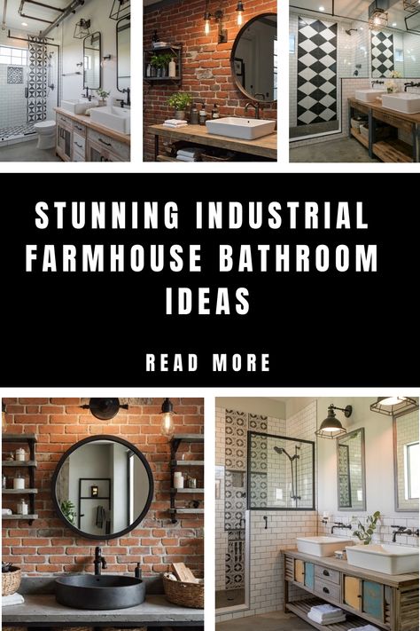 Stunning industrial farmhouse bathroom ideas with brick walls, round mirrors, and geometric tiles. Industrial Farmhouse Ideas, Industrial Farmhouse Style, Industrial Farmhouse Bathroom Ideas, Industrial Rustic Interior Design, Industrial Chic Bathroom, Industrial Style Bathroom Ideas, Farmhouse Industrial Bathroom, Modern Rustic Bathroom Ideas, Industrial Farmhouse Bathroom Decor