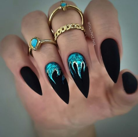 Hades Inspired Nails, Hades Nails, Blue Black Nails, Cute Stiletto Nails, Birthday Nail Art, Matte Acrylic Nails, Nail Bling, Birthday Nail, Sharp Claws