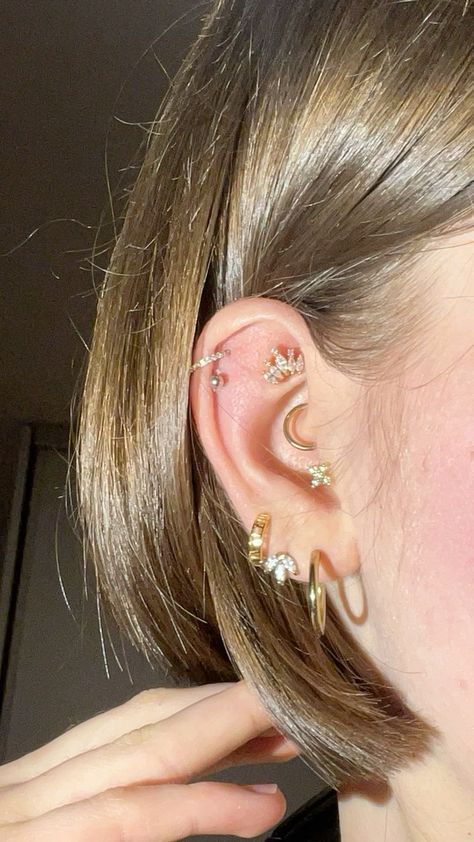 Double Helix Piercing Ideas, Lobes Piercing, Double Helix Piercings, Crochet With Wire, Elven Tree, Double Helix Piercing, Constellation Piercings, Earring Stacks, Piercing Daith