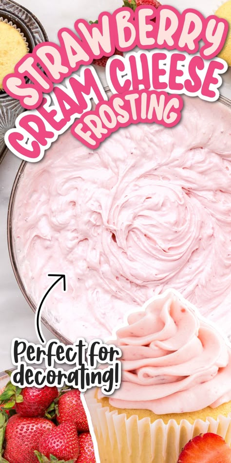 This strawberry cream cheese frosting is made with just 6 simple ingredients, is perfect for decorating, and is full of fresh strawberry flavor. Strawberry Cool Whip Frosting, Strawberry Cream Cheese Icing Recipe, Strawberry Frosting Recipe, Strawberry Whipped Cream Frosting, Cool Whip Pie, Strawberry Cream Cheese Icing, Frosting Flavors, Strawberry Frosting Recipes, Homemade Cream Cheese Frosting