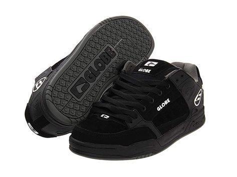 Globe Tilt (Black/Black TPR) Men's Skate Shoes. Keep all the comp on Tilt when you rock one fresh sesh in these Globe skate shoes. Leather upper. Large Globe brandings on upper. Flush and stitched PVC lace eyelets. Hidden lacing options in key areas for added lace protection. Thicker outer sidewalls for added durability. Padded tongue and collar for added comfort. Breathable slip-resistant lining for a more stable skate. Cups #Globe #Shoes #Athletic #Skate #Black Globe Skateboards, Globe Skate Shoes, Globe Shoes, Mens Skate Shoes, Skateboarding Shoes, Skateboard Shoes, Hype Shoes, New Rock, Swag Shoes