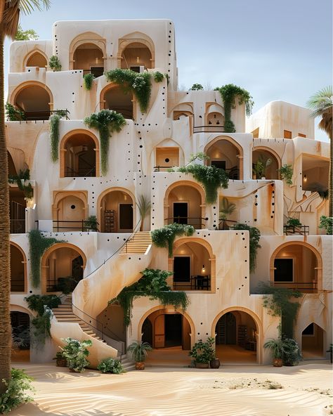 Community living inspired by Ksar Ouled Soltane, a very well-preserved mud-faced fortified multi-level granary or ghorfa in Tataouine, Tunisia 🇹🇳🏜 #africanarchitecture #afrofutursim #vernaculararchitecture #Africa #architecture #designinspo #architectureinspo #culture #architectureschool #fyp #viral #archhunter #archgini #architizer #archdaily #midjourneyarchitect #midjourney #ai #aiarchitecture Iconic Buildings Around The World, Nubia Architecture, African American Architecture, West Africa Architecture, African Futurism Architecture, North African Architecture, Nabatean Architecture, Afro Futurism Architecture, African Architecture Modern