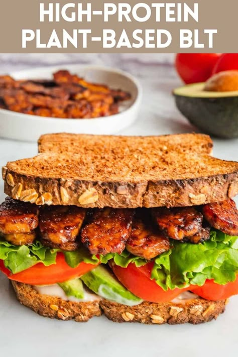 High-protein Plant-Based Tempeh Sandwich with crispy smoky tempeh bacon is a quick and healthy lunch or dinner. Packed with iron, fiber, and B12. The ultimate tempeh BLT recipe. Tempeh Meals, Tempeh Sandwich, Crispy Tempeh, Tvp Recipes, Vegan Blt Sandwich, Fresh Dinners, Blt Recipes, Dr Mcdougall, Vegan Tempeh