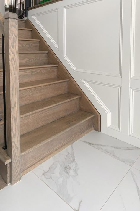 Hallway Board And Batten, Board And Batten Entryway, Stair Moulding, Batten Entryway, Stairway Wainscoting, Split Foyer Remodel, Diy Board And Batten Wall, Split Entry Remodel, Entryway Diy