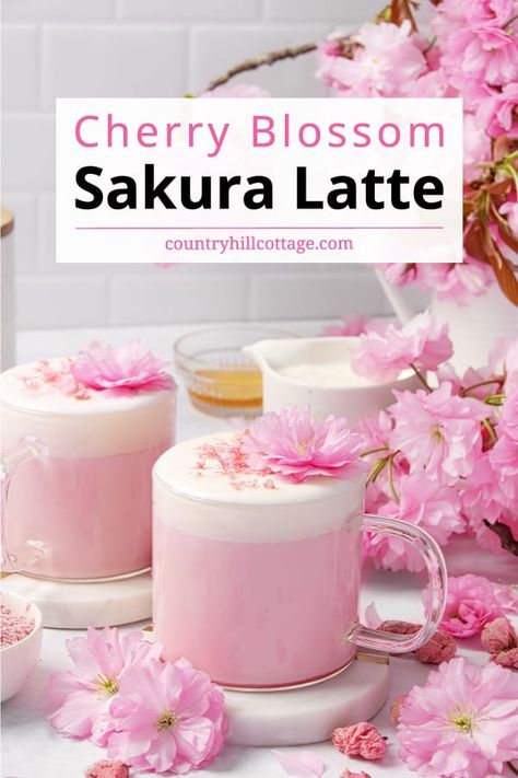 Sakura Latte, Sakura Theme, Pink Latte, Milk Tea Recipes, Moon Milk, Tea Drink Recipes, Drink Recipes Nonalcoholic, Refreshing Drinks Recipes, Strawberry Syrup