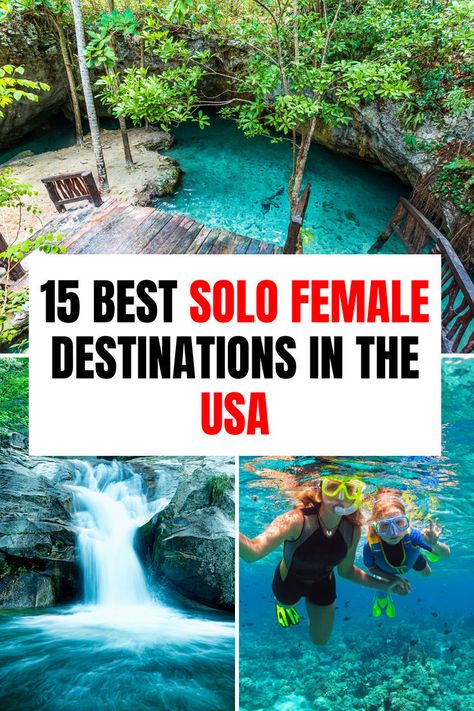 15 Best Solo Female Travel Destinations In The USA Best Places For Solo Female Travel, Cheap Solo Female Travel, Solo Vacation Ideas Woman, Girls Vacation Ideas, Best Solo Trips For Women, Places To Travel In The Us, Female Solo Travel Destinations, Solo Female Travel Usa, Best Solo Travel