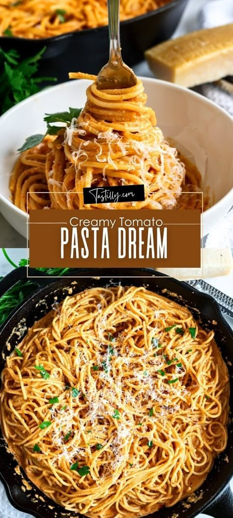 Fast Prep: Creamy Tomato Pasta Dream via @tastillyb Pasta With Crushed Tomatoes, Pasta With Cream Cheese And Tomato Sauce, Pasta Recipe No Meat, Meals With Spaghetti Sauce, Pasta Recipe Vegetarian, Creamy Spaghetti Recipes, Recipes With Tomato Sauce, Creamy Tomato Pasta Sauce, Fast Pasta Recipes