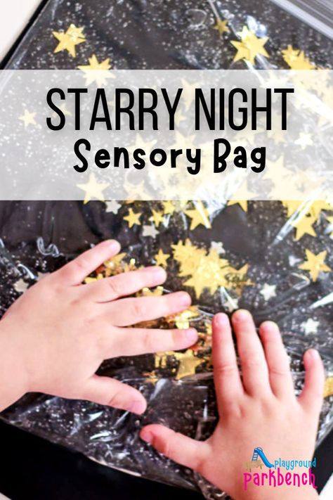 A hands on way for kids and preschoolers to study and learn about the stars and constellations with these easy to make sensory bags Galaxy Sensory Bags, Night Day Preschool Activities, Moon And Stars Preschool Activities, Star Art Activities For Preschool, Infant Light And Dark Activities, Star Fine Motor Activities, Night And Day Craft, Night Sky Craft Preschool, Light And Dark Toddler Crafts