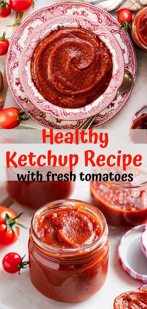 Healthy Homemade Ketchup recipe made with fresh tomatoes and perfect for canning Ketchup Recipe For Canning, Healthy Ketchup Recipe, Sugar Free Ketchup Recipe, Tomato Ketchup Recipe, Sugar Free Tomato Sauce, Homemade Ketchup Recipes, Healthy Kid Friendly Meals, Sugar Free Ketchup, Ketchup Recipe