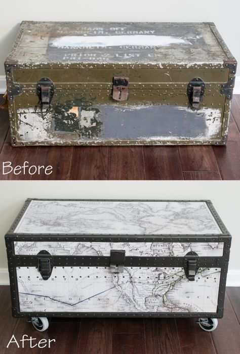 What was the last thing you upcycled? With a little Rust-Oleum Aircraft Remover, Stops Rust Clean Metal Primer Spray, and Universal Oil Rubbed Bronze, @Cravingsomecreativity transformed this vintage military trunk into an upcycled treasure. It's a sophisticated and discreet toy storage and organization solution too! Antique Trunk Makeover, Trunk Redo, Trunk Makeover, Metal Trunks, Old Trunks, Ikea Kids, Antique Trunk, Steamer Trunk, Trash To Treasure