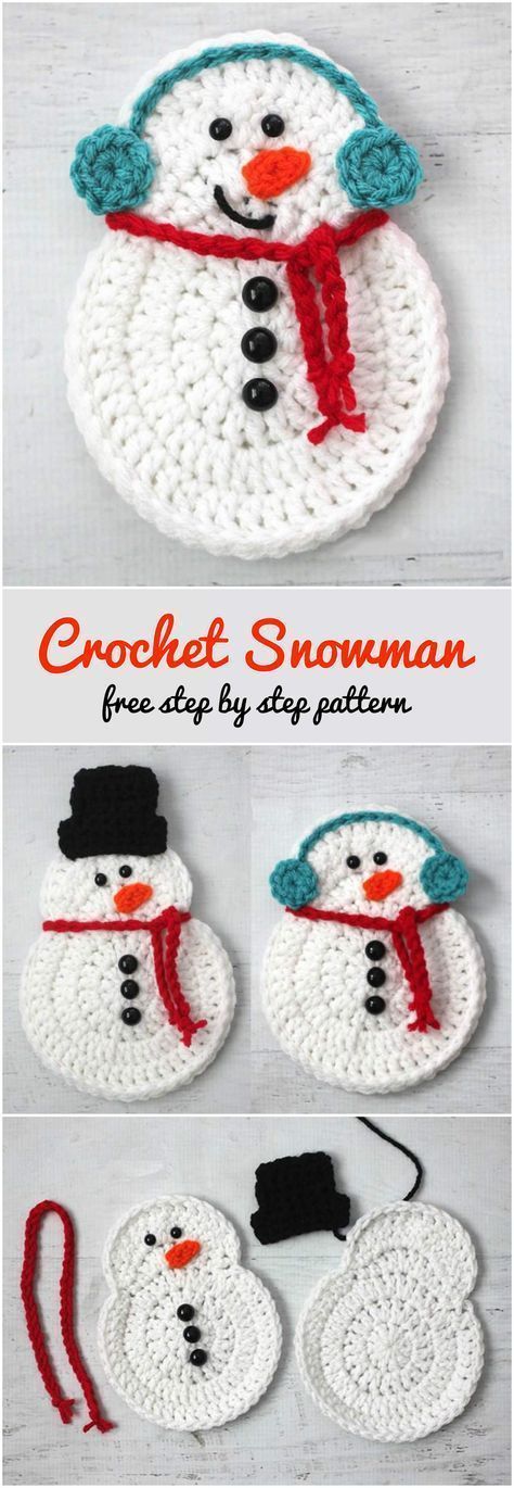 Crochet Snowman Step by Step Crocheted Snowman, Crochet Christmas Ornaments Free, Crochet Snowman, Confection Au Crochet, Crochet Xmas, Crochet Christmas Decorations, Crochet Ornaments, Crochet Simple, Holiday Crochet