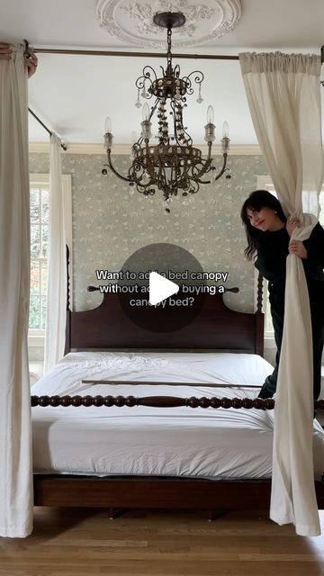 Shelby | Pretty in the Pines on Instagram: "Let’s make a canopy bed without having a canopy bed! Taking me back to our honeymoon resort ☁️ comment ‘curtains’ for rod/curtain details to be sent over! #bedroommakeover #bedroomdecor #canopybed" Modern Four Poster Bed With Curtains, Canopy Curtains Bed, Bed With A Canopy, Hanging Curtains Around Bed, Canopy Bed Ideas Diy Curtain Rods, Canopy Bed With Ceiling Fan, Canopy Bed Frame With Curtains, King Size Bed Canopy, Victorian Canopy Bed Curtains