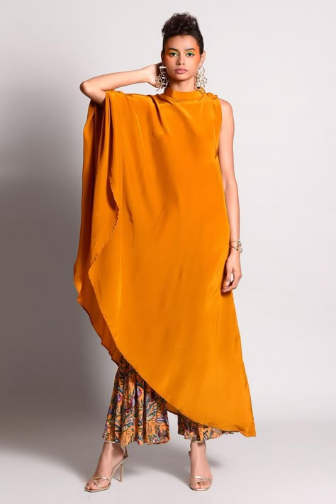 Buy Rishi & Vibhuti Yellow Crepe One Shoulder Kaftan And Pant Set Online | Aza Fashions Luxury Orange Palazzo Set For Women, Luxury One-shoulder Women's Kaftan, One Side Sleeve Dress Indian, One Shoulder Kaftan Dresses, Kaftan Dress Modern Pattern, Modern Kurti Design Style, Rishi Vibhuti, Kaftan With Pants, Unique Kaftan Designs