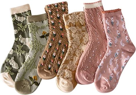 Floral Socks Set of 6 Pairs Pack Women 6Pieces Cute Flower Geometric 3D Textured 6Pcs Ankle Cotton Cottagecore Lucky Socks (F) at Amazon Women’s Clothing store Stockings With Boots, Floral Socks, Crochet Ruffle, Geometric 3d, Autumn Design, Vintage Floral Design, Fits Women, Animal Patterns, Cute Socks