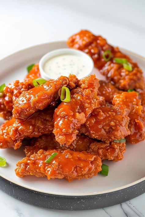 Healthy Buffalo Chicken Wings, Buffalo Tenders Recipe, Buffalo Sauce For Chicken Tenders, How To Make Buffalo Chicken, Wing Stop Chicken Tenders, Buffalo Chicken Tenders Recipes, Cute Food Ideas For Parties, Buffalo Sauce Meals, Buffalo Crispy Chicken