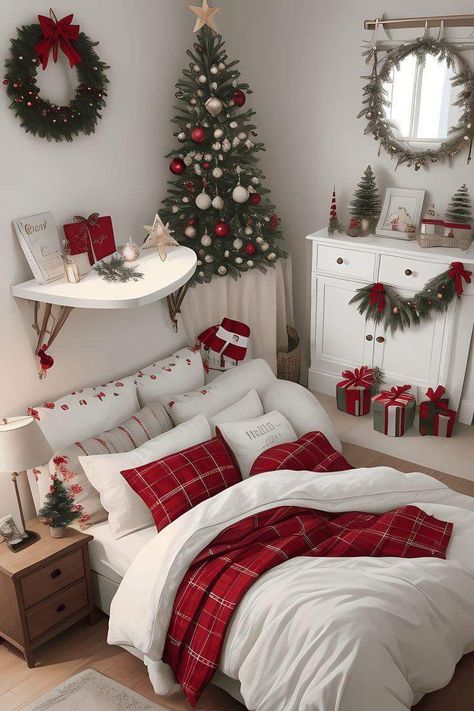 Clean Christmas bedroom decor in white and red Christmas Room Inspiration, Holiday Bedroom Decor, Christmas Bedroom Decor, Holiday Room Decor, Cute Christmas Ideas, Holiday Bedroom, Christmas Dreaming, Holiday Room, Cozy Christmas Decor