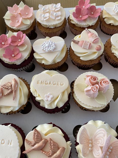 Bespoke cupcakes for any occasion wirh sugar themed decorations Hens Cupcakes, Engaged Cupcakes, Hens Party Cupcakes, Hen Party Cupcakes Ideas, Engagement Cupcake Ideas, Hen Do Cupcakes, Cupcake Engagement, Hen Do Cupcakes Classy, Engagement Cake Images