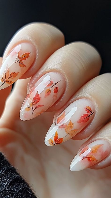 Nails Idea For Fall, Pumpkin And Fall Leaves Nails, Pink Leaf Nails, Fall Nails Pumpkin And Leaves, Autumn Theme Nails, Fall Plaid Nail Art, Fall Harvest Nails, Fall Leaves Nails Design, Autumn Nail Art Designs Fall Leaves