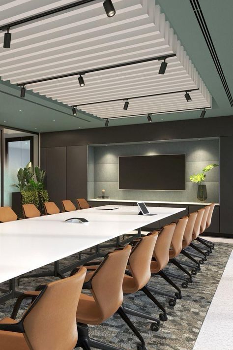 Meeting Room Design Creative, Meeting Room Design Office, Office Ceiling Design, Green Ceiling, Conference Room Design, Custom Interior Doors, Meeting Room Design, Office Interior Design Modern, Office Meeting Room