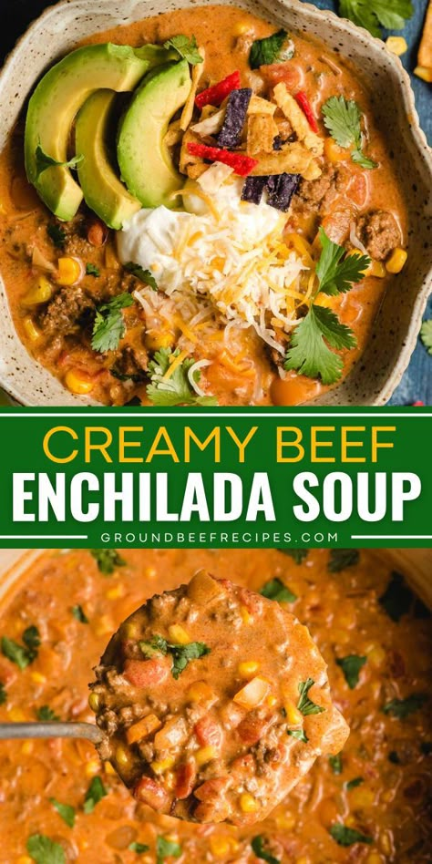 Need an easy comfort food dinner? Here's a ground beef soup! This simple soup recipe is ready in just 30 minutes. Creamy, cheesy, and loaded with zesty flavor, this beef enchilada soup hits the spot! Creamy Beef Enchilada Soup, Easy Soup Ground Beef, Soups To Make With Ground Beef, Soup Ideas With Ground Beef, Enchilada Soup Beef, Beef Soup Ideas, Shredded Beef Soup Recipes, Recipes That Use Ground Beef, Fall Soup Recipes Ground Beef