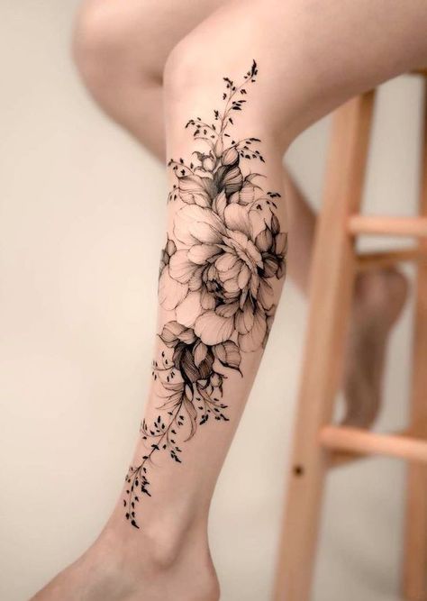 Leg Mandala Tattoo Design, Leg And Back Tattoo, Foot And Shin Tattoos For Women, Tattoo Ideas Female Leg Calves, Women’s Leg Tattoo Floral, Floral Calf Tattoos For Women, Tattoo Genou, Back Tattoo Floral, Ornamental Leg Sleeve