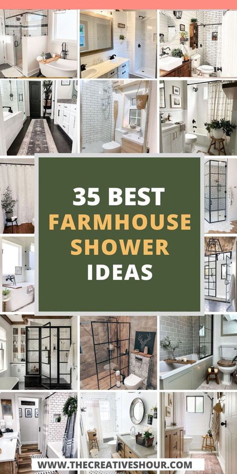 Dive into rustic elegance with our farmhouse tile shower ideas for master bathrooms. Each design showcases the timeless beauty of tile floors and the cozy appeal of curtain-equipped showers. Whether you're renovating a large space or adding rustic touches to your existing setup, these ideas will inspire you to blend functionality with the rural charm of farmhouse aesthetics. Perfect for those looking to integrate a tub into their serene retreat. Bathroom Ideas Master Farmhouse Style, Modern Country Shower Ideas, Farmhouse Bathroom With Shower Only, Large Farmhouse Bathroom Master Bath, Bathroom Tile Modern Farmhouse, Farmhouse Bathroom Shower Curtain Ideas, Farm Bathroom Ideas Country Farmhouse Master Bath, Tile Bathroom Ideas Farmhouse, Guest Bath Shower Ideas