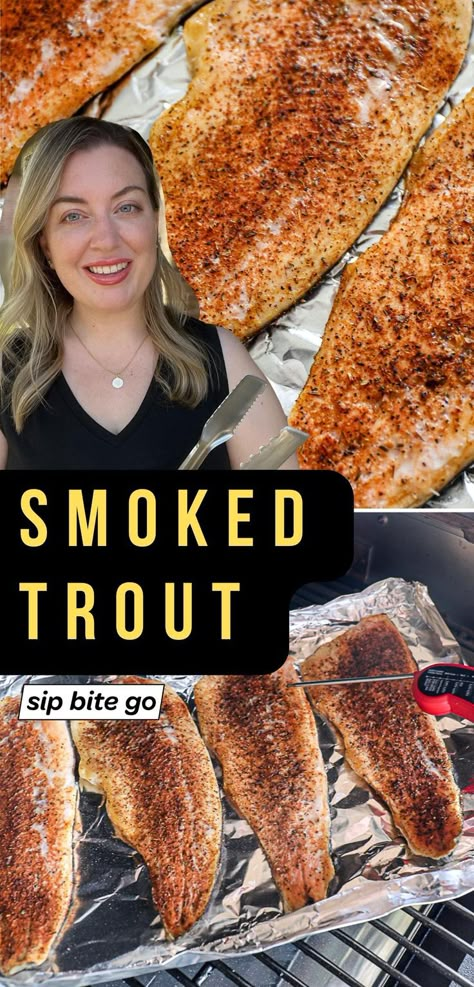 traeger smoked trout recipe photos on pellet smoker with Jenna Passaro from Sip Bite Go Traeger Trout Recipes, Trout Chowder, Grilled Trout Recipes, Smoked Trout Dip, Smoked Trout Recipe, Smoked Fish Recipe, Smoked Trout Salad, Smoker Grill Recipes, Smoked Shrimp