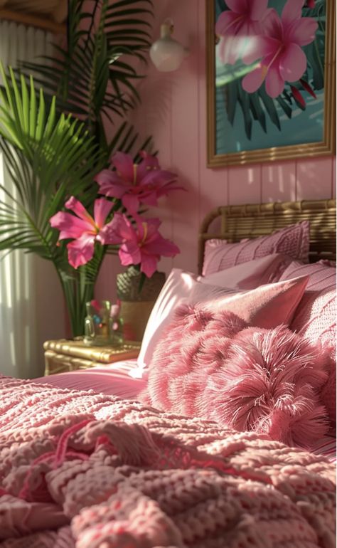 Pink Beach Aesthetic Room, Pink Tropical Bedroom, Caribbean Homes Interiors, Apothecary Interior, Pink Coastal Bedroom, Safari Room Ideas, Miami Bedroom, Tropical Bedroom Ideas, Tropical Room Ideas