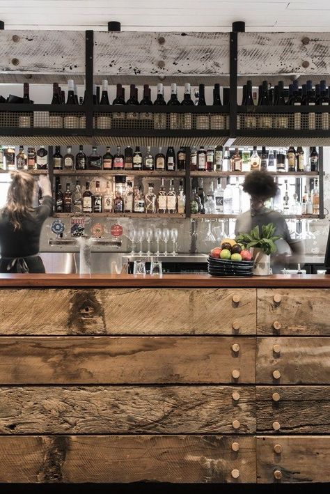 rustic and industrial bar design in Australia, The Nelson- recycled timber bar counter - - italianbark 3 Industrial Bar Design, Barra Bar, Bar Deco, Bar Counter Design, Pub Interior, Industrial Style Home, Home Bar Design, Pub Design, Bar Inspiration