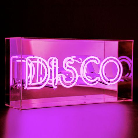 Locomocean pink neon 'Disco' acrylic box  Bring some brightness to your home or work space with our beautiful acrylic neon boxes.   'Disco' neon Devan Aesthetic, Girl Hangout, Brow Room, Teenage Lifestyle, Disco Room, Pink Neon Wallpaper, Disco Aesthetic, Pink Neon Lights, Dj Gifts