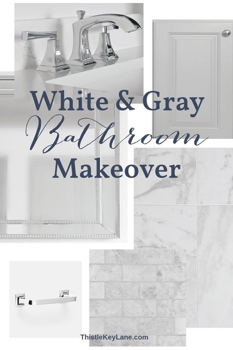 White And Gray Bathroom Makeover - Consider these ideas for a spa inspired bathroom including tile, paint, cabinets, countertops and more. Inspiration Bathroom Collage. Bathroom Mood Board. Spa Bathroom Tile, Collage Bathroom, White And Gray Bathroom, Bathroom Collage, Grey Bathroom Floor, Grey Marble Bathroom, Half Wall Shower, Light Grey Bathrooms, Grey Bathroom Cabinets