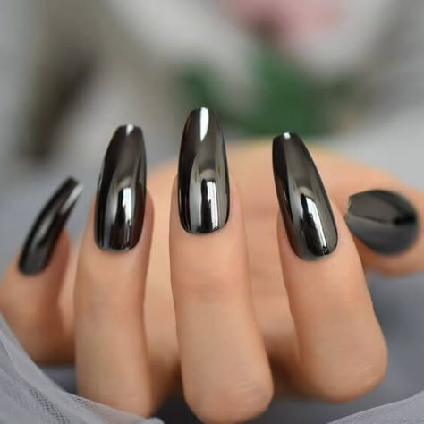 Black Mirror Chrome Nails Black Metallic Nails, Black Chrome Nails, Long Press On Nails, Mirror Nails, Coffin Press On Nails, Her Nails, Metallic Nails, Black Nail, Pink Acrylic