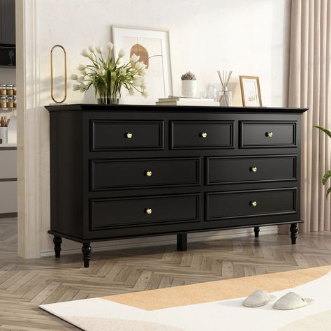 Alcott Hill® Berthine 7 - Drawer Dresser & Reviews | Wayfair Black Chest Of Drawers, Dresser Modern, Contemporary Dresser, Black Dresser, Black Dressers, 7 Drawer Dresser, Wood Dresser, Bedroom Black, Modern Dresser