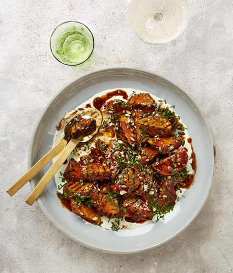 Satay skewers, spicy sweet potatoes, rice paper rolls: Yotam Ottolenghi’s party recipes | Food | The Guardian Spicy Sweet Potatoes, Satay Skewers, Sweet Potato Rice, Grilled Sweet Potatoes, Quick Pickled Cucumbers, Rice Paper Rolls, Potato Rice, Yotam Ottolenghi, Midweek Meals