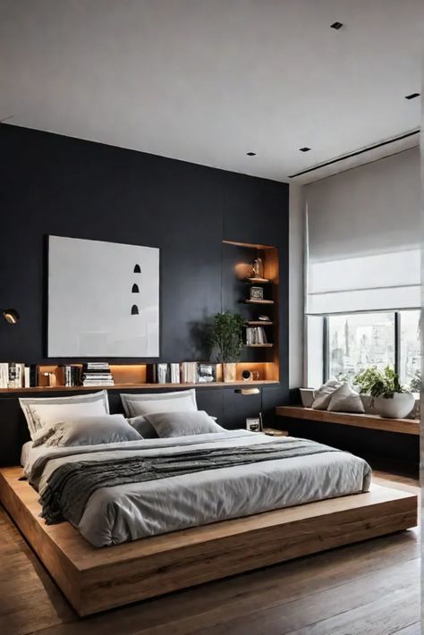 Cozy and functional minimalist bedroom with builtin bookcase Modern Bedroom Men, Ideas With Cardboard, Cramped Bedroom, Small Modern Bedroom, Male Bedroom Ideas, Very Small Bedroom, Man Bedroom, Ingenious Ideas, Bedroom Interior Design Modern