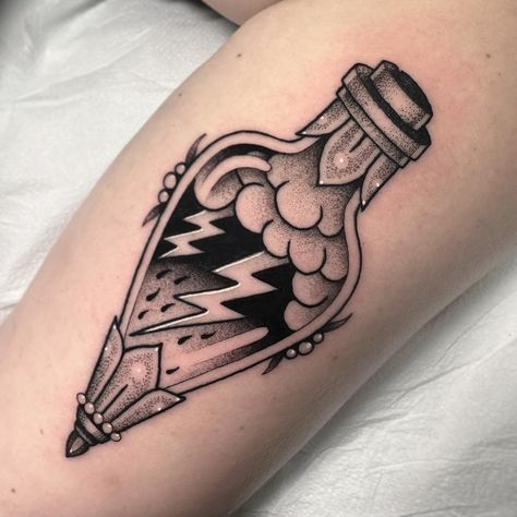 PATRICK WHITING | Lightning in a bottle ⚡️ | Instagram London Themed Tattoo, Lighting In A Bottle Tattoo, Storm In A Bottle Tattoo, Glass Bottle Tattoo, Lightning Tattoo Women, Lightning In A Bottle Tattoo, Potion Bottle Tattoo Design, Weather Tattoo, Potion Bottle Tattoo