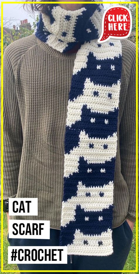 Crochet Animal Scarf Free Pattern, Piano Scarf Crochet Free Pattern, Funny Crochet Scarf Patterns, Cat Scarf Pattern Crochet, Crochet Cat Scarf Pattern, Fun Crochet Scarf Pattern Free, Cute Knitting Projects For Beginners, Crochet Cat Bandana Free Pattern, Cute Crochet Scarf Pattern Free