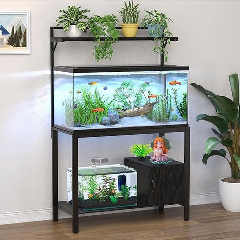 Amazon.com: GDLF 40-50 Gallon Fish Tank Stand with Plant Shelf Metal Aquarium Stand with Cubby Storage 36.6" x 18.5" Tabletop fits Aquarium,Turtle Tank,or Reptile Terrariums : Pet Supplies Aquarium Stand Ideas Living Rooms, Small Fish Tank Ideas Living Rooms, Fish Tank Stand Ideas Diy, Aquarium Design Fish Tanks, Fish Tank Stand Ideas, Aquarium Stand Ideas, Fish Aquarium Ideas, Fish Tank Aesthetic, Tabletop Terrarium