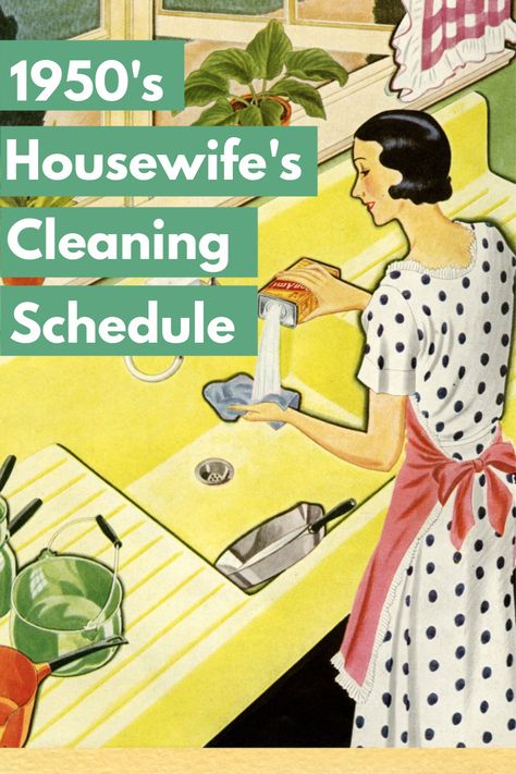 A vintage cartoon of a 1950s housewife doing the dishes 1950 Cleaning Schedule, Vintage Cleaning Schedule, 1950s Housewife Schedule, 1950s Housewife Daily Routine, 1950s Cleaning Routine, 1950s Housewife Routine, Working Housewife, Housewife Schedule, Housecleaning Schedule